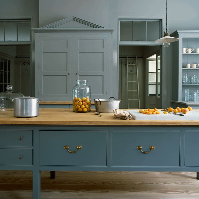 Painted grey blue bespoke handmade wooden kitchen london